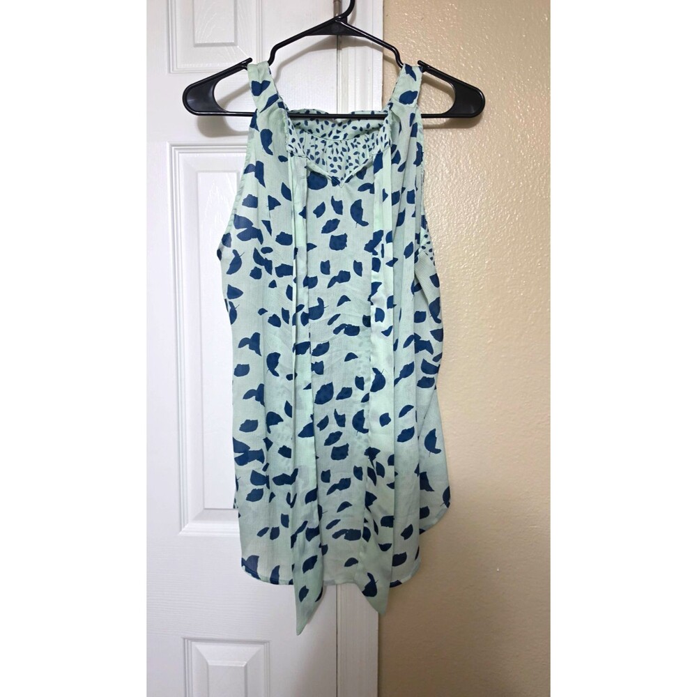 New York & Company Women's XL Regular Light Green Blue Polka Dot V-Neck Tank